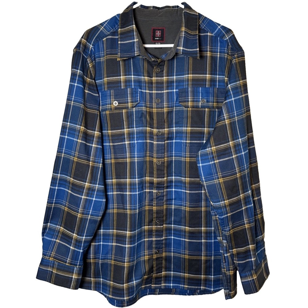 Swiss Tech Mens 2XL Blue Gray Plaid Flannel Shirt Long Sleeve Button Up Pockets